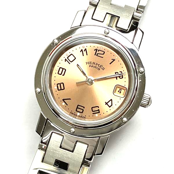 HERMES 腕時計 クリッパー デイト CL4.210 クォーツ ピンク文字盤 腕回り約17cm ※専用ケース有り 買取致しました。
