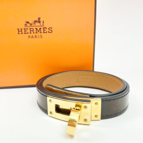 箱付き HERMES レザーブレスレット トゥルニス 2連 ゴールド金具 HERMES エルメス ドゥブルトゥール 2連 ブレスレット ブラック