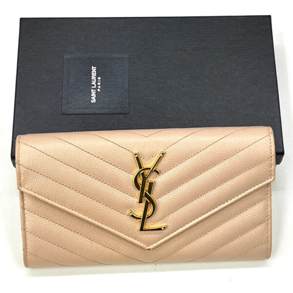SAINT LAURENT サンローラン YSL カサンドラ Vステッチ ピンク系 レザー 2つ折り長財布 372264 買取致しました。